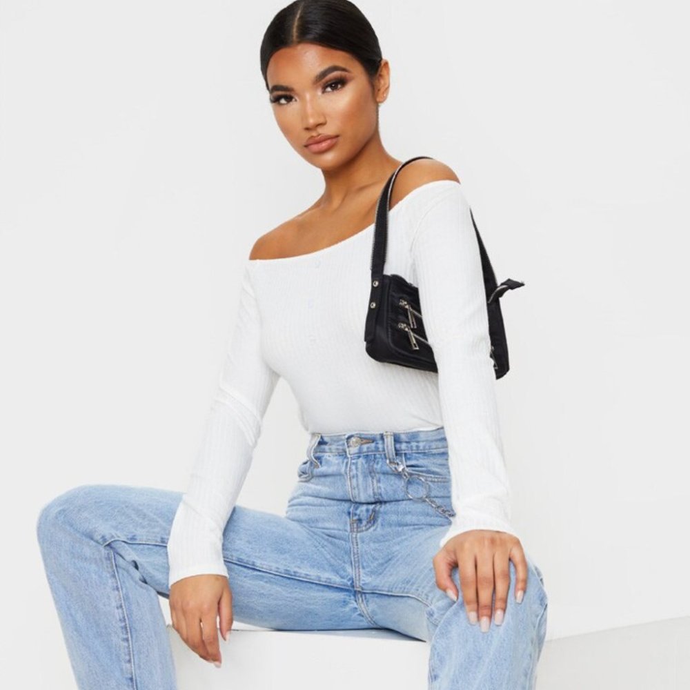 Cream Rib Button Bardot Top